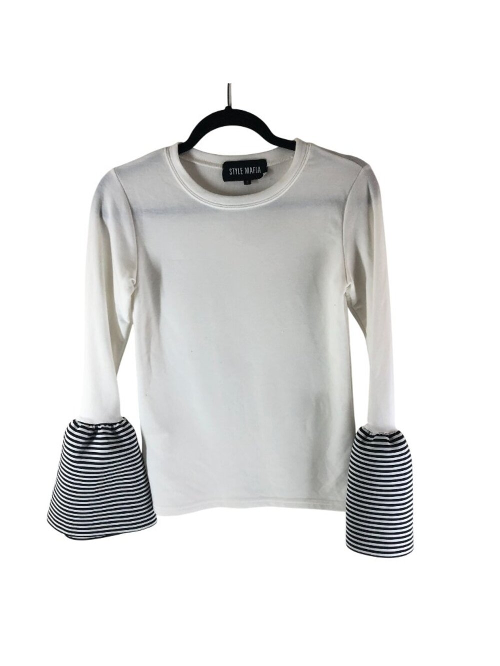 Style Mafia White Long Sleeve Top With Striped Bell Cuffs Crew Neck Size S